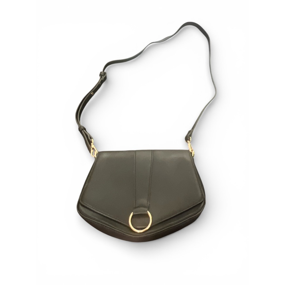 INC International Concepts Black Faux Leather Ring Crossbody Bag Gold Hardware‎